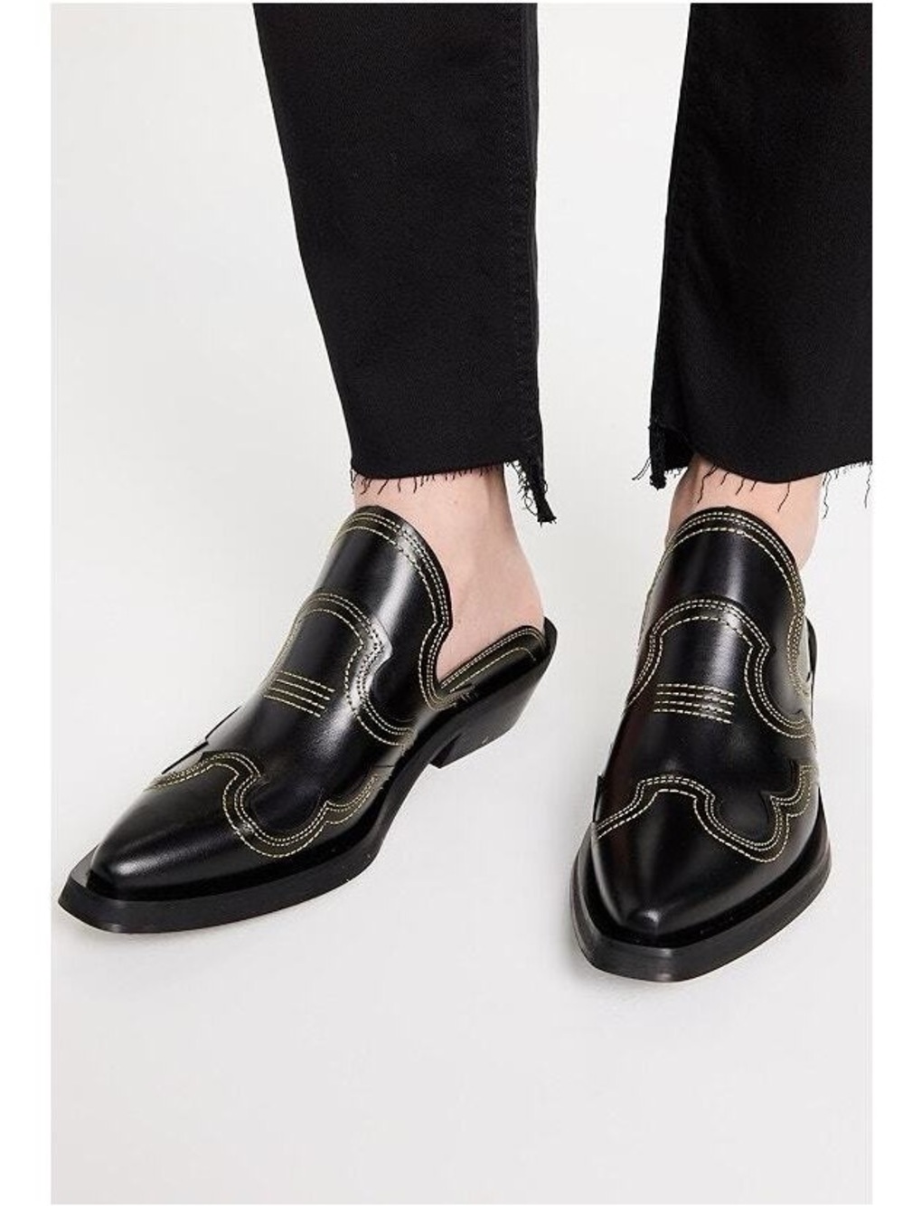 GANNI Embroidered Western Mule Black Leather Yellow Stitching Pointed Toe Size 7